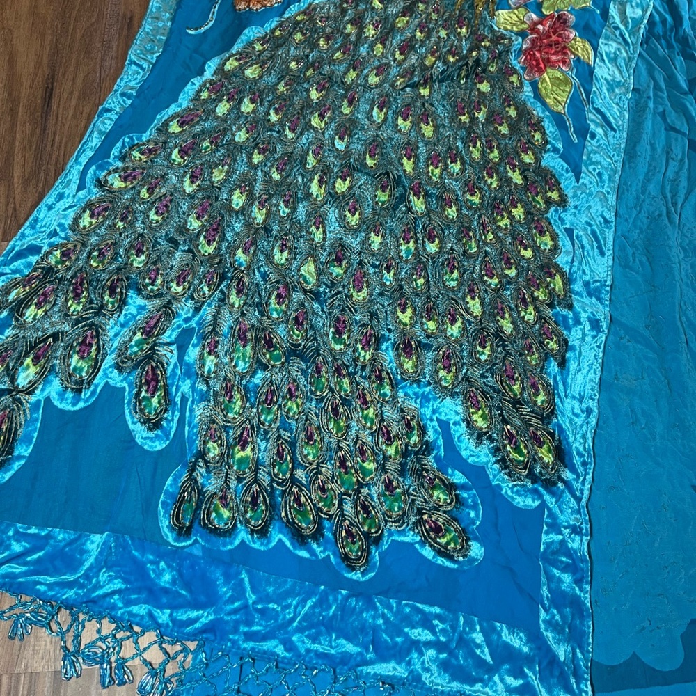 VTG Panne Silk Scarf Beaded Crushed Velvet Shawl Peacock Turquoise Floral Wrap - Picture 5 of 11